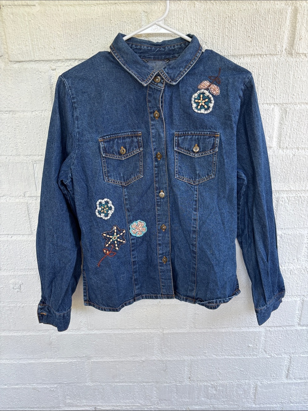 Denim Embroidered Dark Button-Up Shirt Jacket sz M